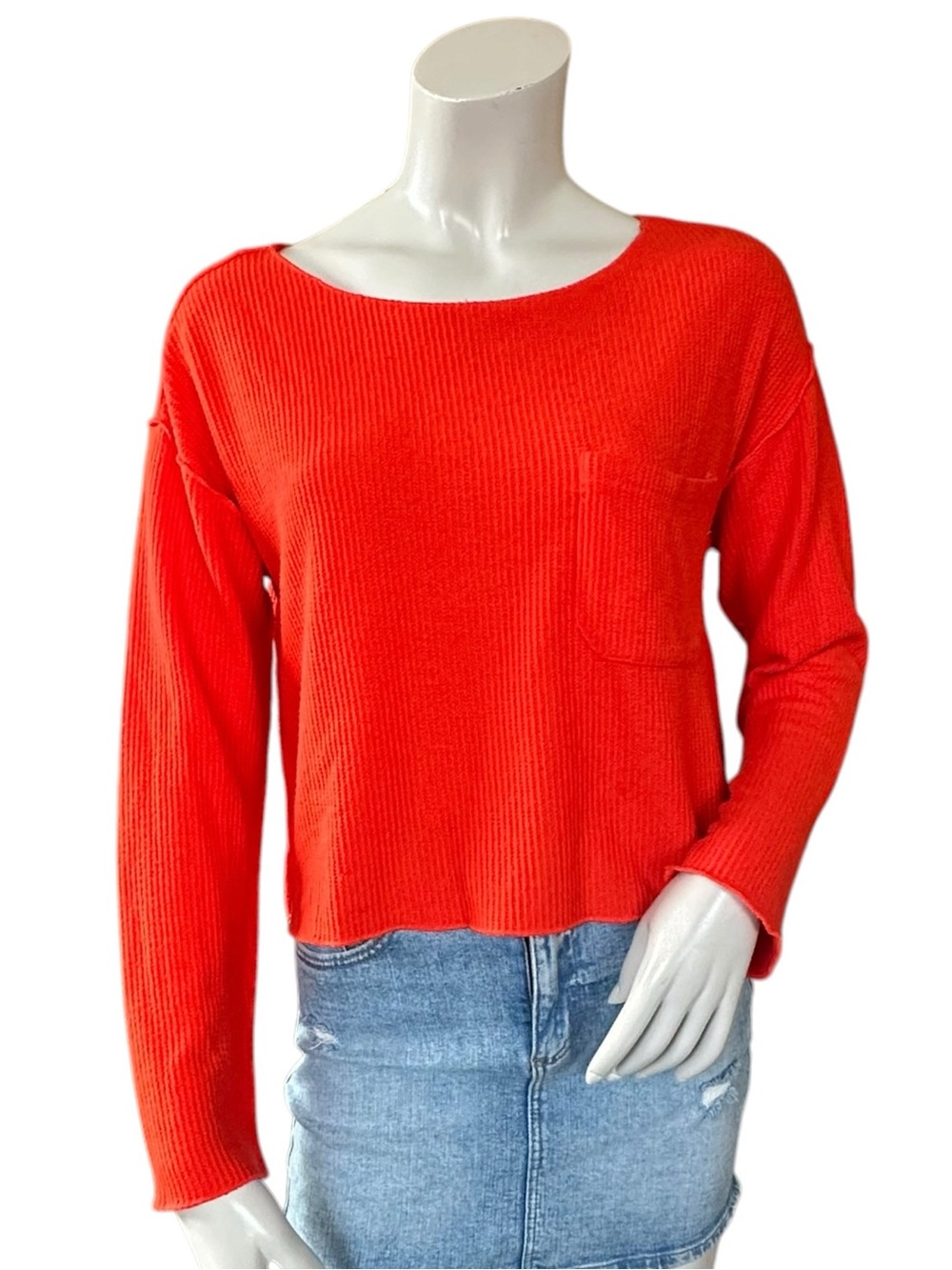 Anthropologie Daily Practice Bright Orange Waffle Knit Pocket Long Sleeve Top XS